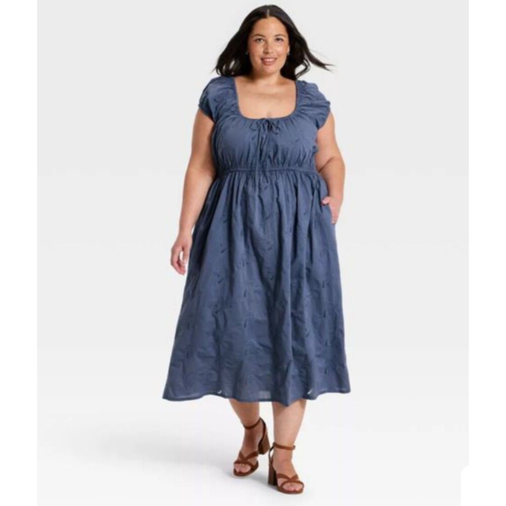 Women's Universal Thread Cap Sleeve Eyelet Midi Sundress Slate Blue